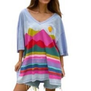 Natural Life Mountain Landscape Graphic Tee Blue Cotton Oversized One Size